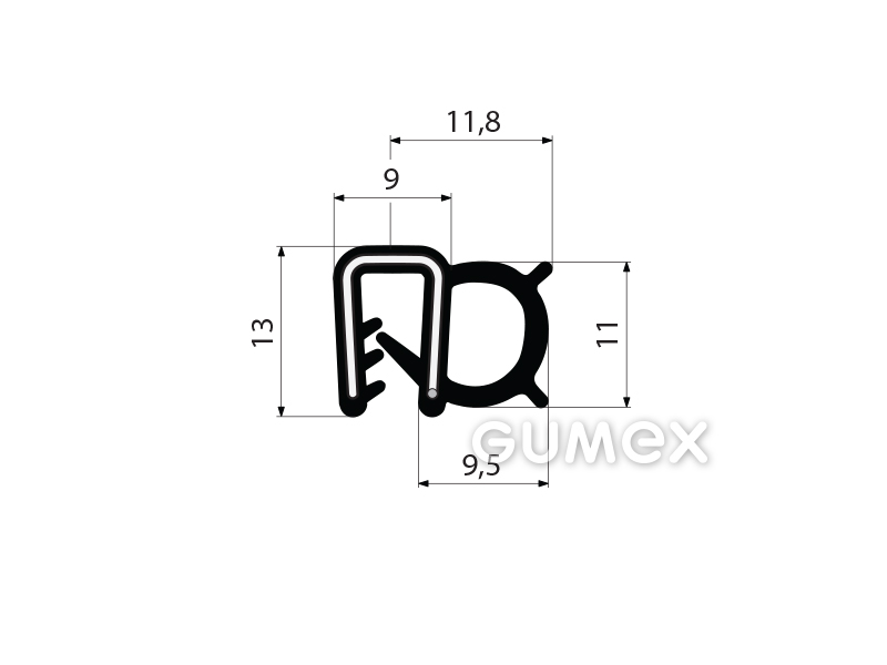 Profil U-PIRELI mit Metallverstärkung mit Seitendichtung A1549, 60°ShA, U-EPDM, Bauch-EPDM, schwarz, 